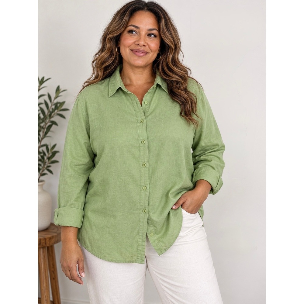 Jones New York Sport Shirt Womens 2X Green 100% Linen Button Up Roll Tab Sleeve